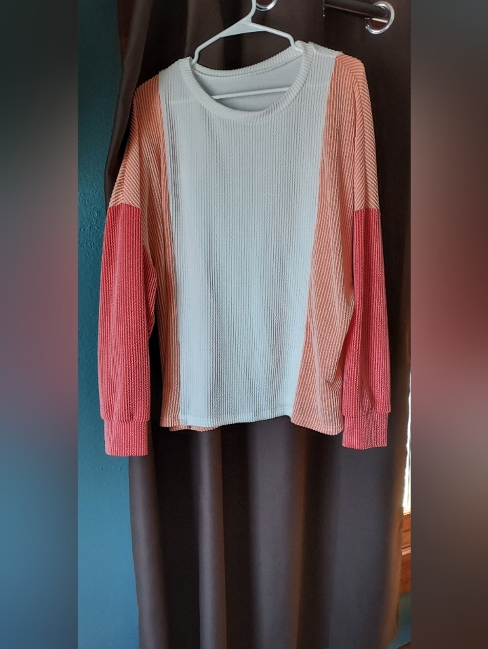 SHEIN White Waffle Knit Top with Coral and Pink Block Sleeves
